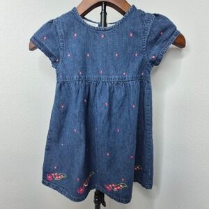 Vintage 90s Specialty Kids Girls Denim Floral Embroidered Dress 4T Blue Cotton